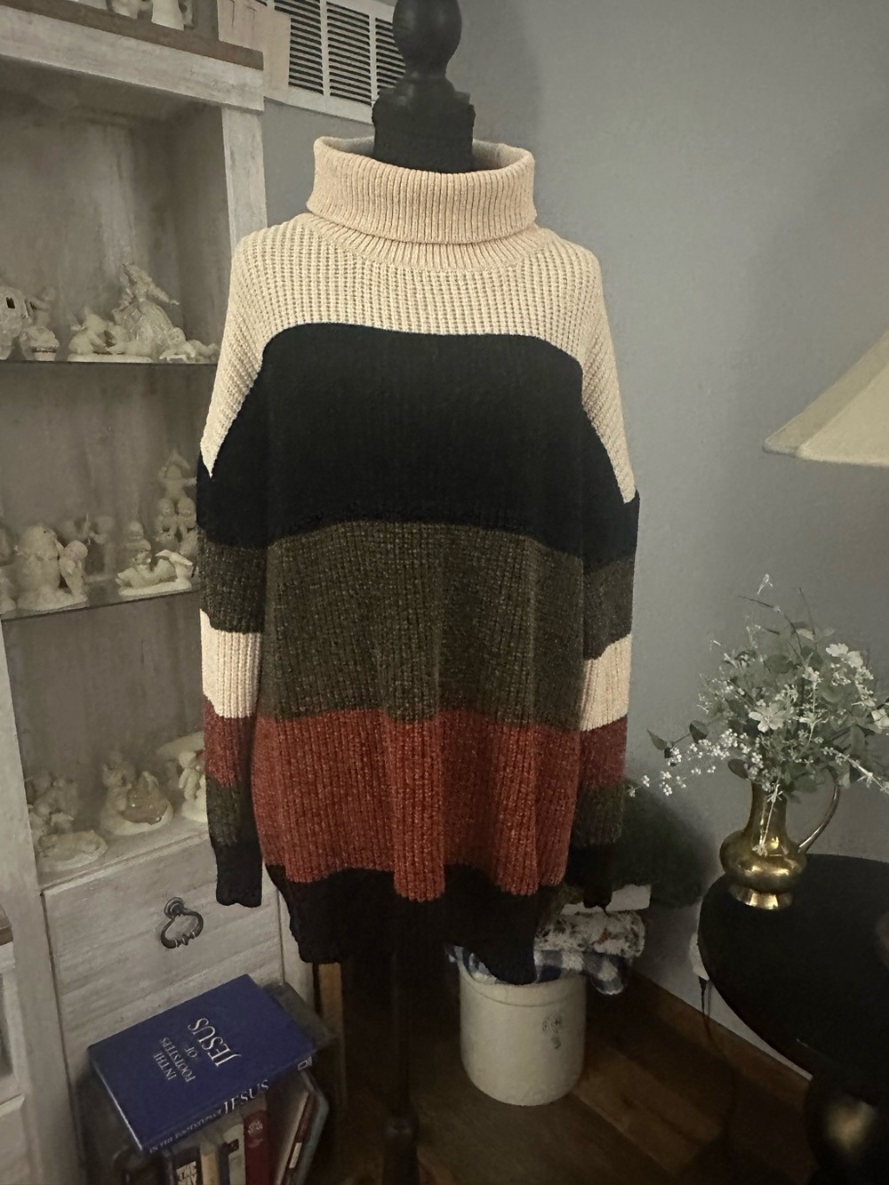 Vanilla Bay Cream, Black, Olive & Rust Striped Turtleneck Sweater